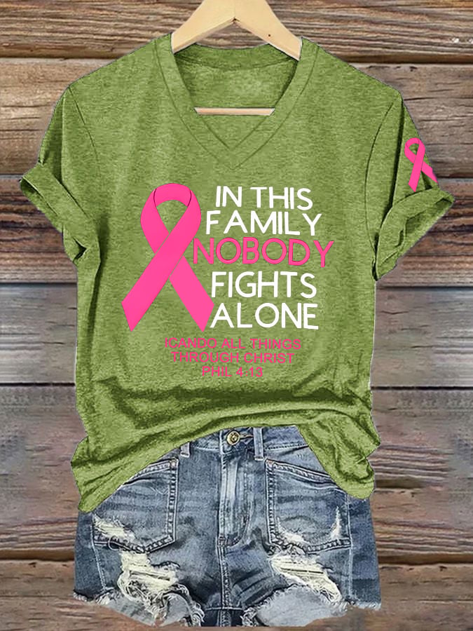 Women's Retro In This Family Nobody Fights Alone Breast Cancer Awareness Print T-Shirt