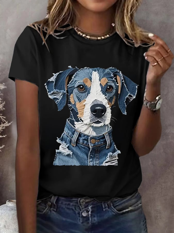 Women's Retro Funny Animal Dog Print T-Shirt