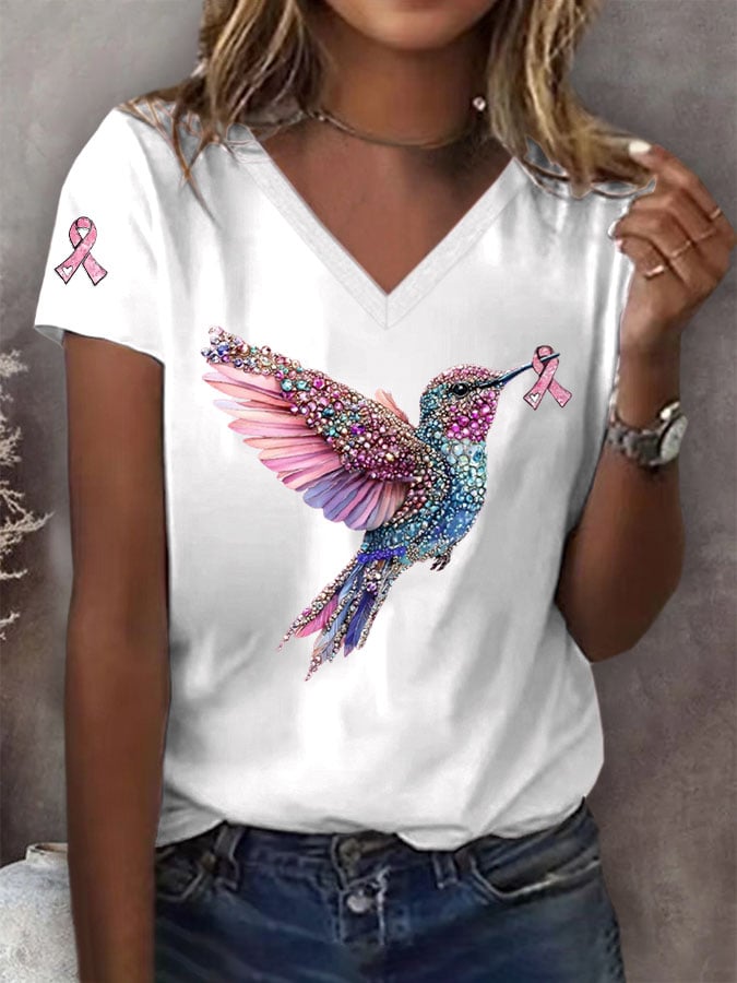 Women's Breast Cancer Hummingbird Print T-Shirt