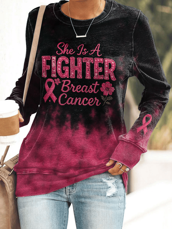 Women's She Is A Fighter Breast Cancer Print Crew Neck Sweatshirt