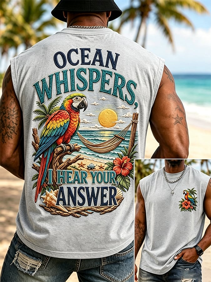 Men's Retro Vacation Ocean Whispers, I Hear Your Answer  Print Round Neck Vest