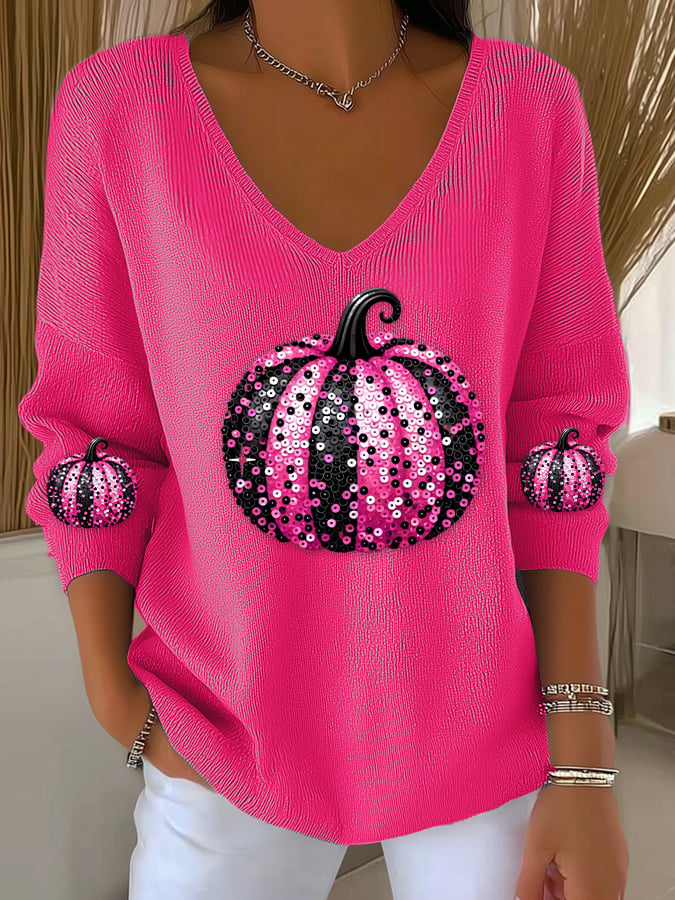 Women's casual pink sequined pumpkin striped long-sleeved top