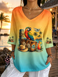 Women's Retro Vacation Music Parrot Print Comfortable T-Shirt