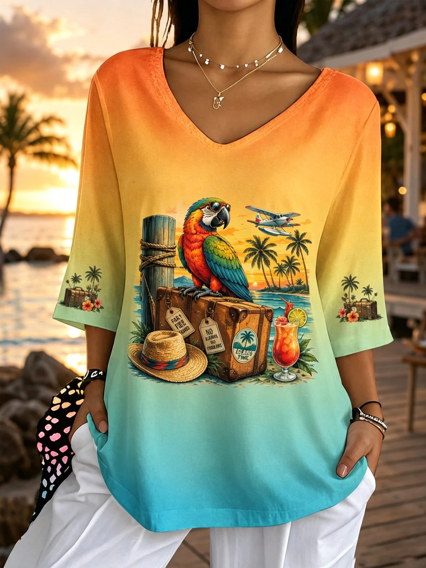 Women's Retro Vacation Music Parrot Print Comfortable T-Shirt