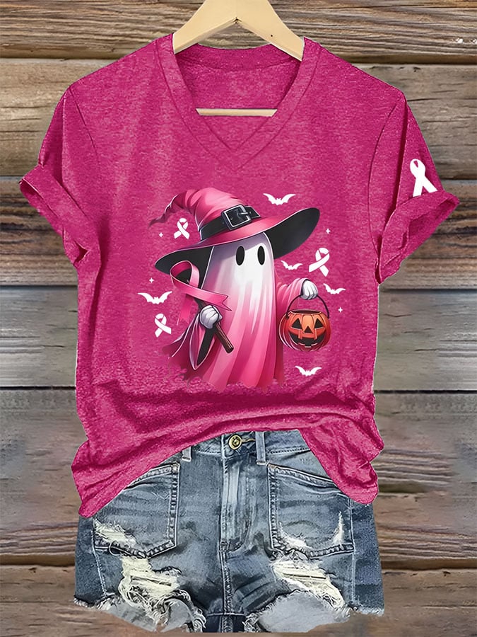 Women's Breast Cancer Awareness Cute Ghost Print V-Neck T-Shirt