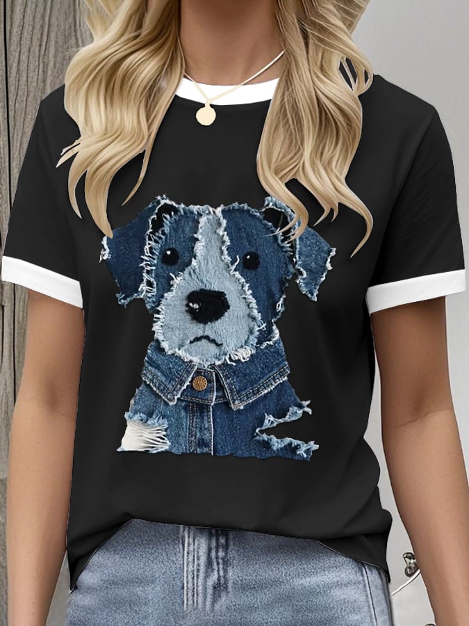 Women's Retro Funny Animal Dog Print Crew Neck T-Shirt