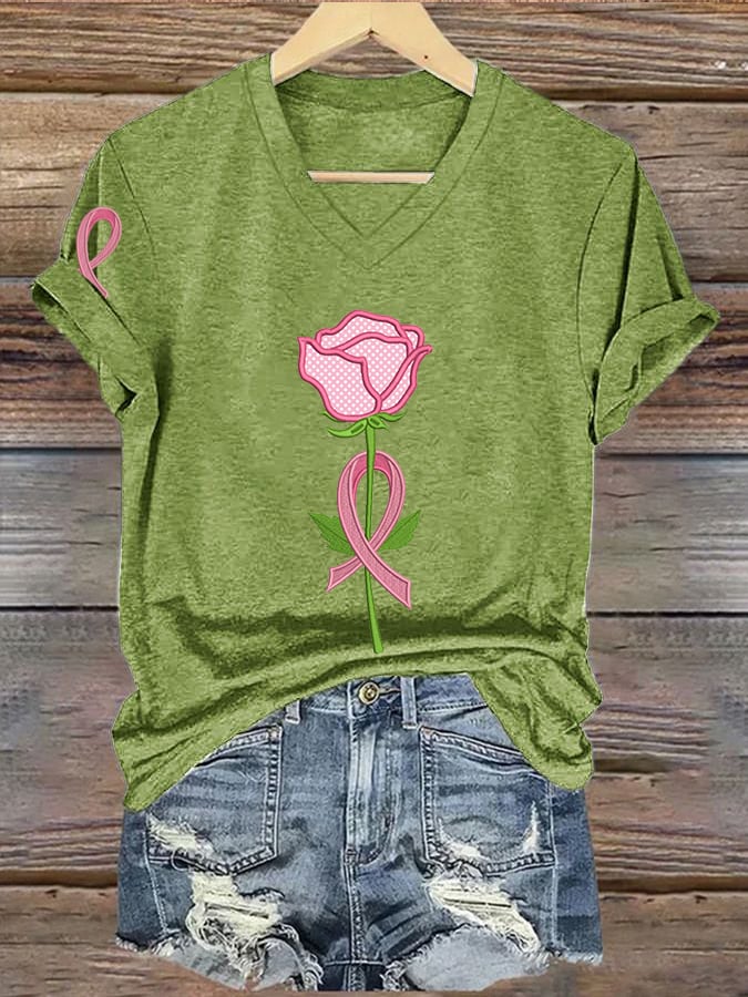 Women'S Casual Breast Cancer Awareness Graphic Print V-Neck Short Sleeve T-Shirt