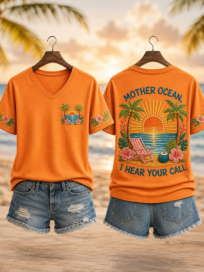 Women's Mother Ocean I Have Heard You Call Print V Neck T-Shirt