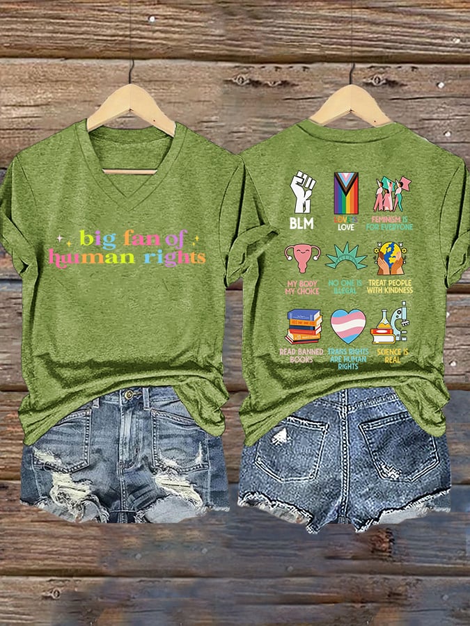 V-Neck Retro Big Fan Of Human Rights Print T-Shirt