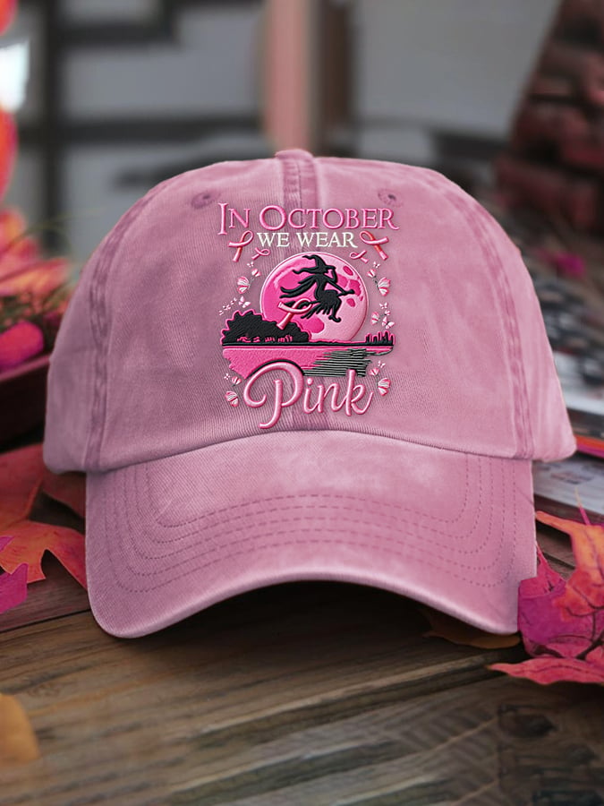 Women's casual October we wear pink witch washed cotton hat