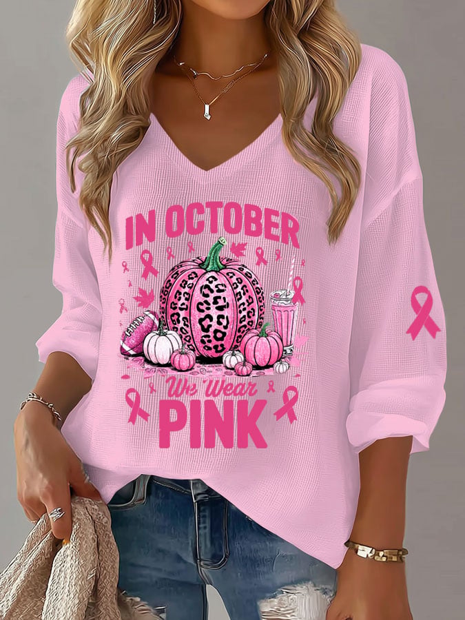 Women's Breast Cancer In October We Wear Pink Print Waffle Long-Sleeved T-Shirt