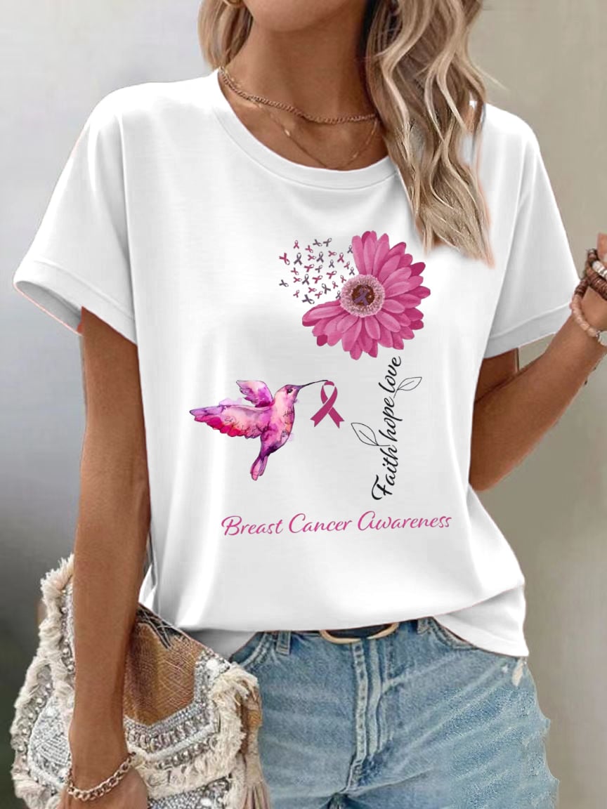 Women's Casual Pink Floral Ribbon Hummingbird T-Shirt