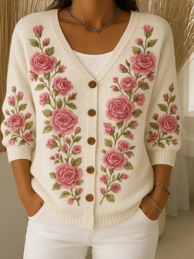 Women's Retro Pink Art Print Cardigan