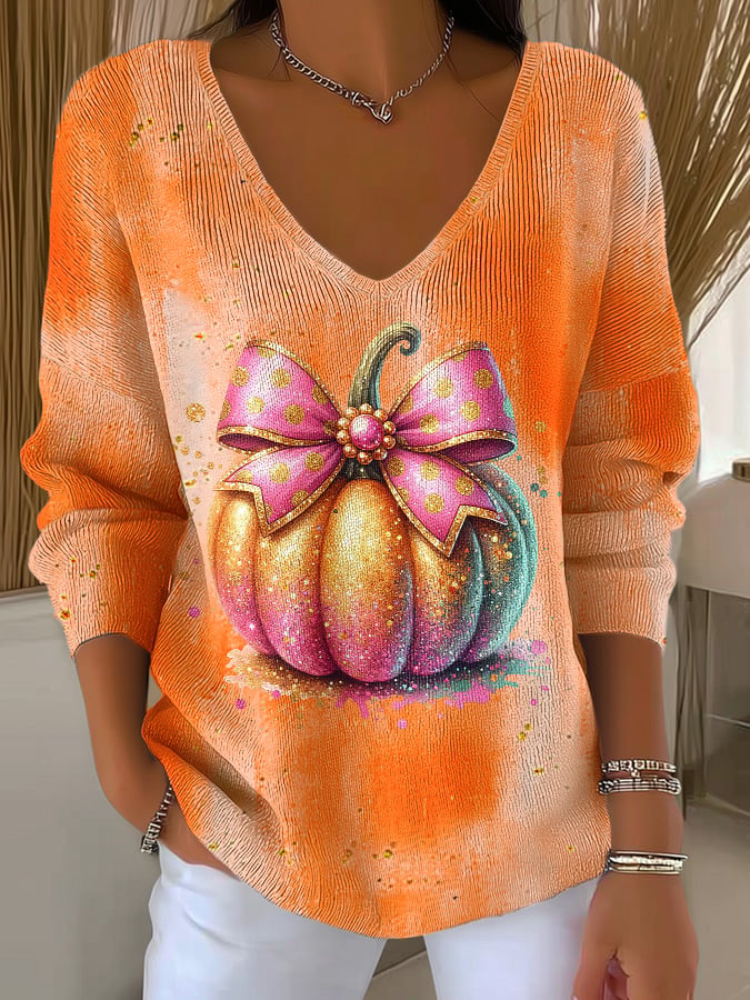 Women's Casual Autumn Pumpkin Striped Long Sleeve Top
