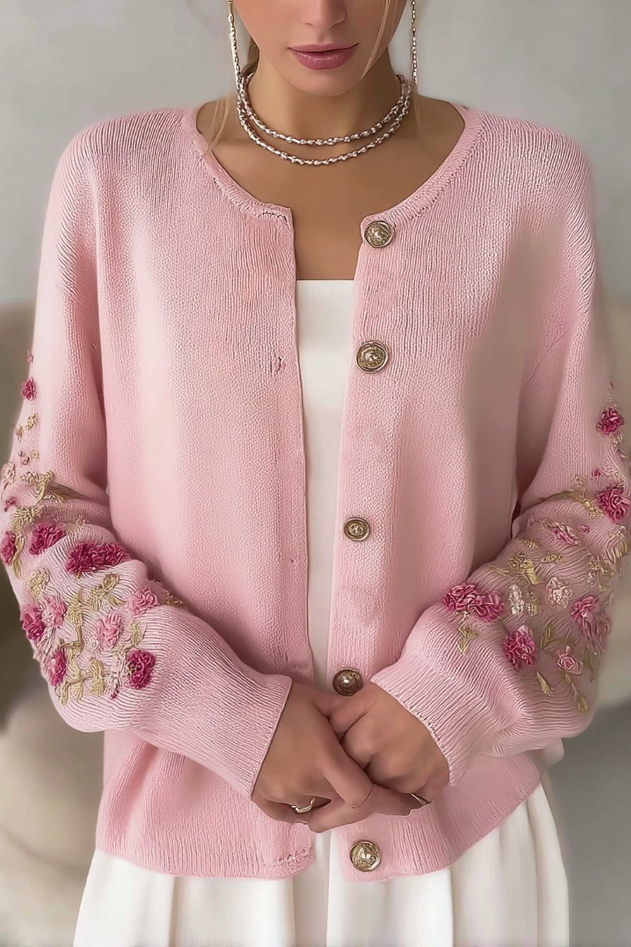 Women's Vintage Pink Floral Embroidery Art Print Long Sleeve Cardigan