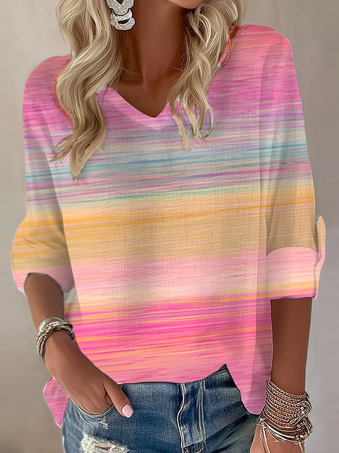 Women's Casual Pink Art Optimized Cotton And Linen V-Neck Long-Sleeved Top