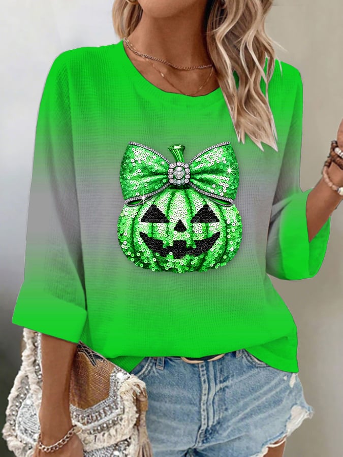 Women's Casual Pumpkin Waffle Long Sleeve Top
