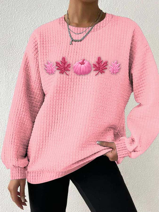 Women's casual pink pumpkin maple leaf checkered sweatshirt