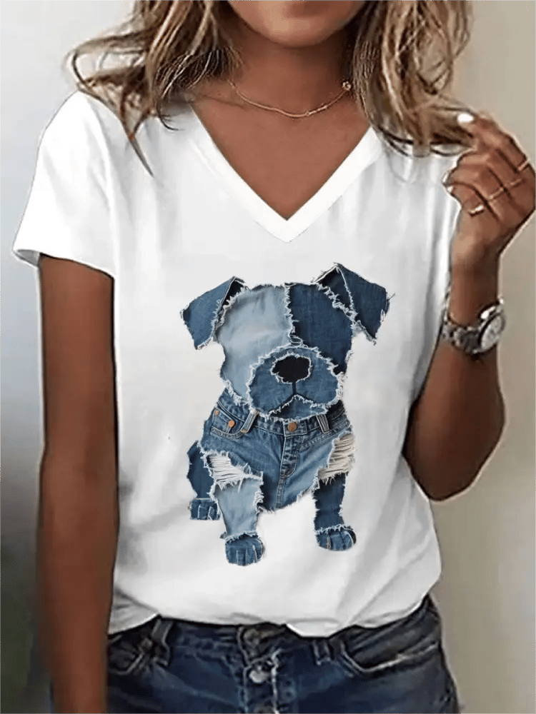 Women's Retro Funny  Animal Dog Print V-Neck T-Shirt