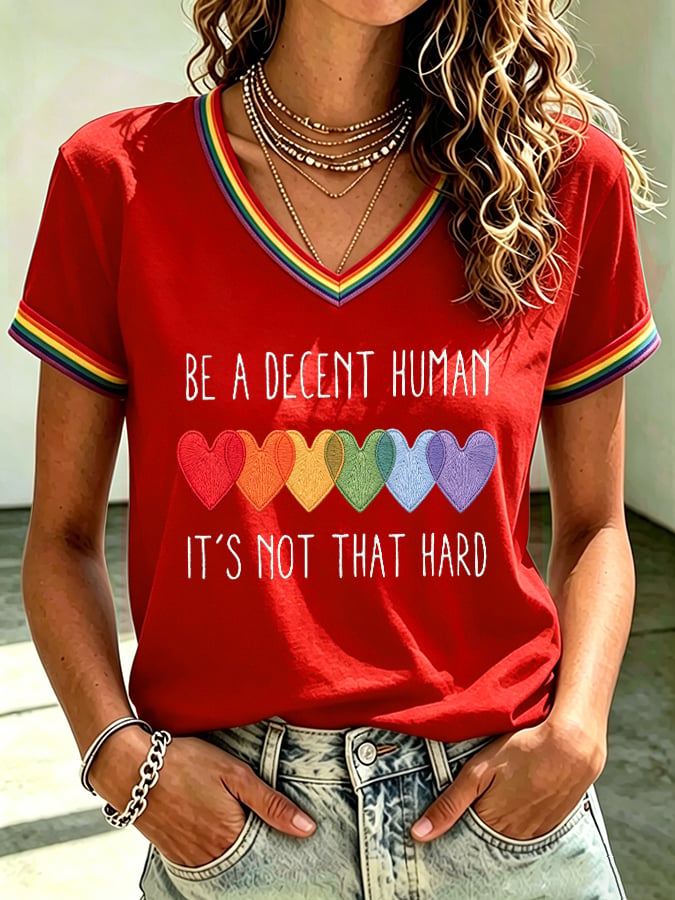 Women's Be A Decent Human It's Not That Hard Print V Neck T-shirt