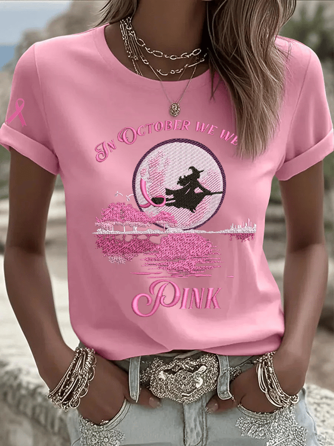 Women's In October We Wear Pink Print Crew Neck T-Shirt