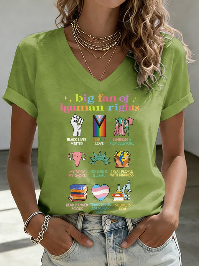 V-Neck Retro Big Fan Of Human Rights Print T-Shirt
