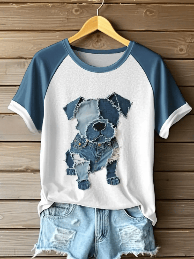 Women's Retro Funny Animal Dog Print Short Sleeve Top