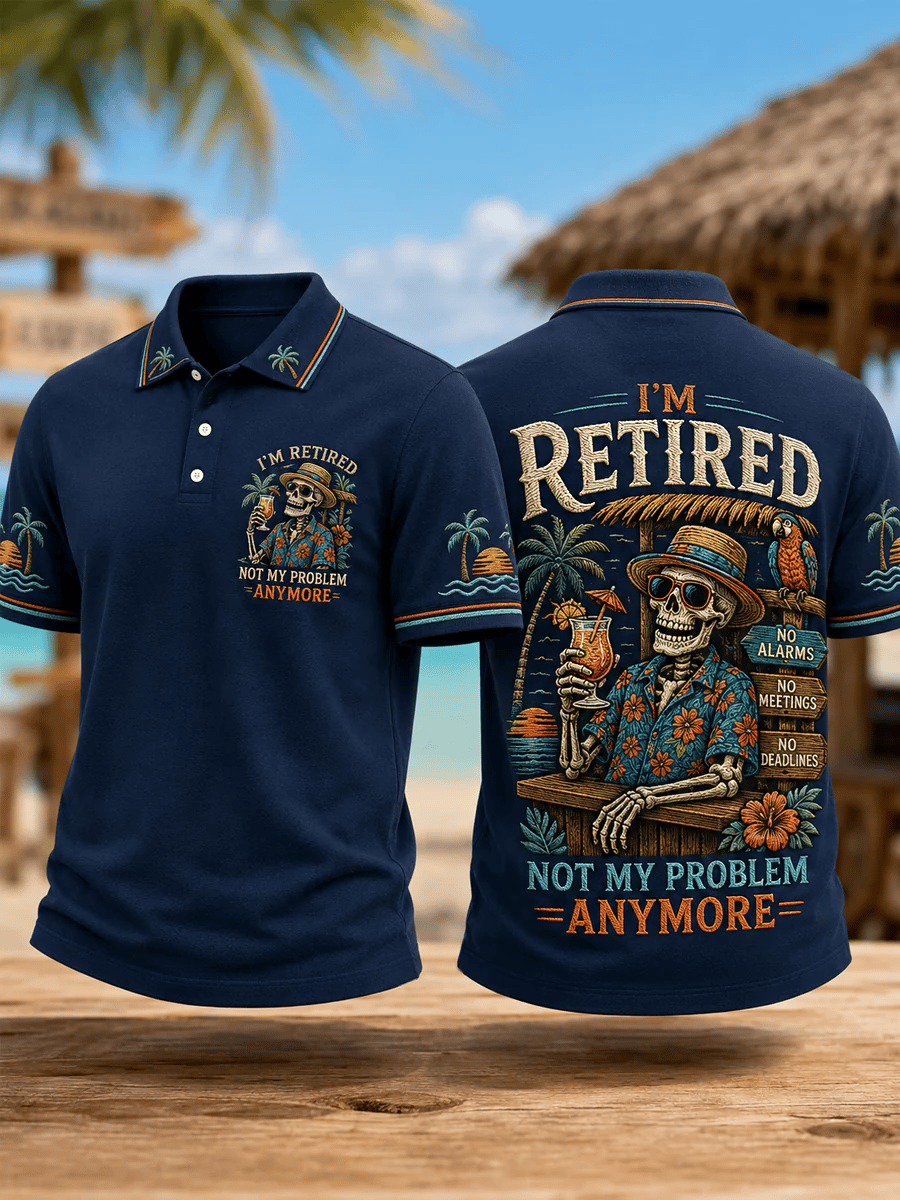 Men's Retro Vacation I'm Retired Not My Problem Anymore Skeleton Parrot Print Polo Shirt
