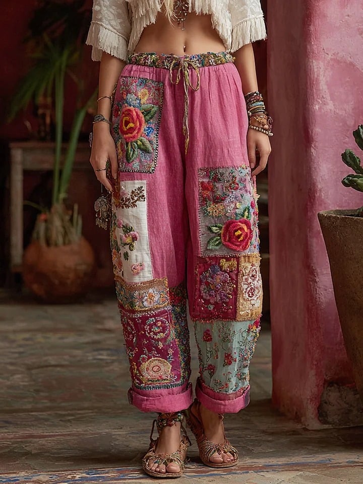 Women's Elegant Floral Embroidery Printed Casual Pants