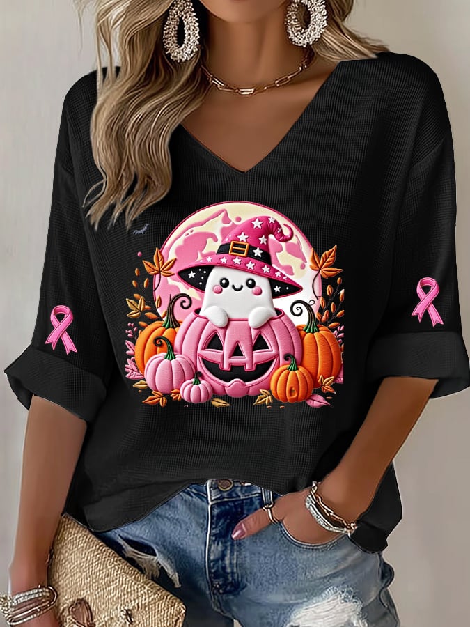 Women's Casual Pink Autumn Ghost Waffle Long-Sleeved T-Shirt