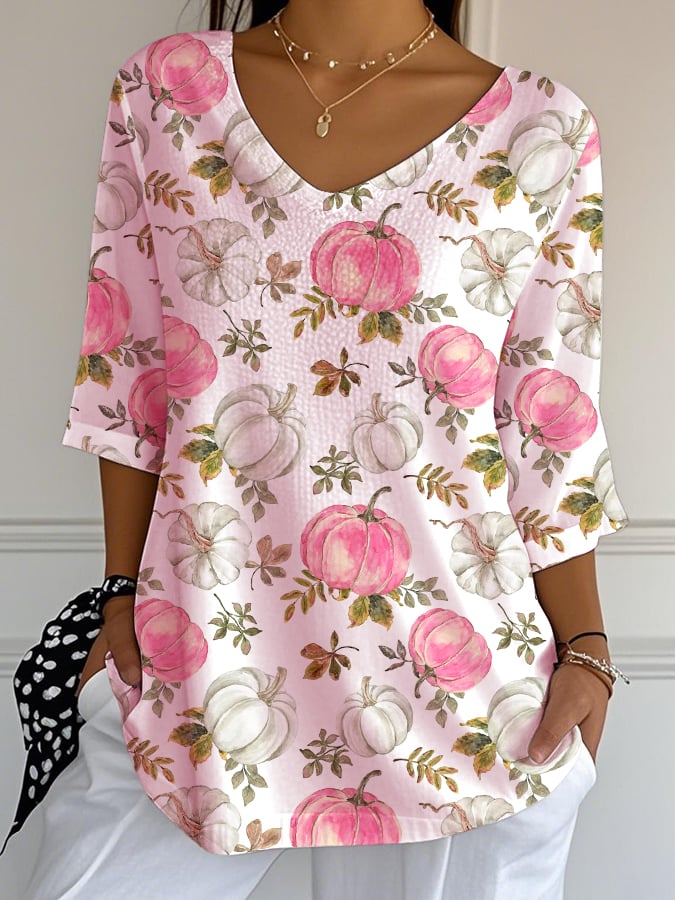 Women's Casual Pink Patchwork Print Pumpkin Bubble Wrinkle Top
