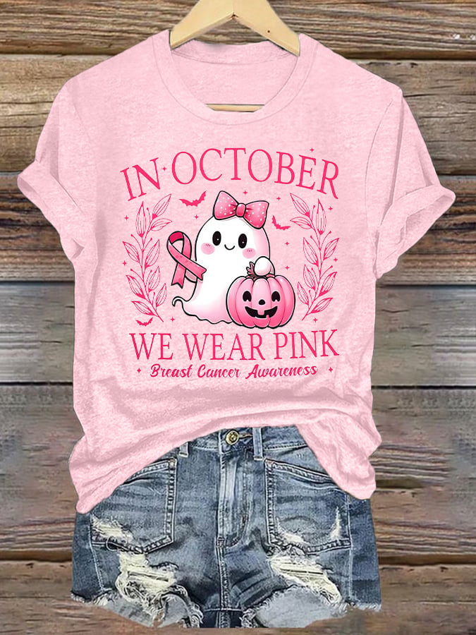 Women's Retro In October We Wear Pink Breast Cancer Awareness Print T-Shirt
