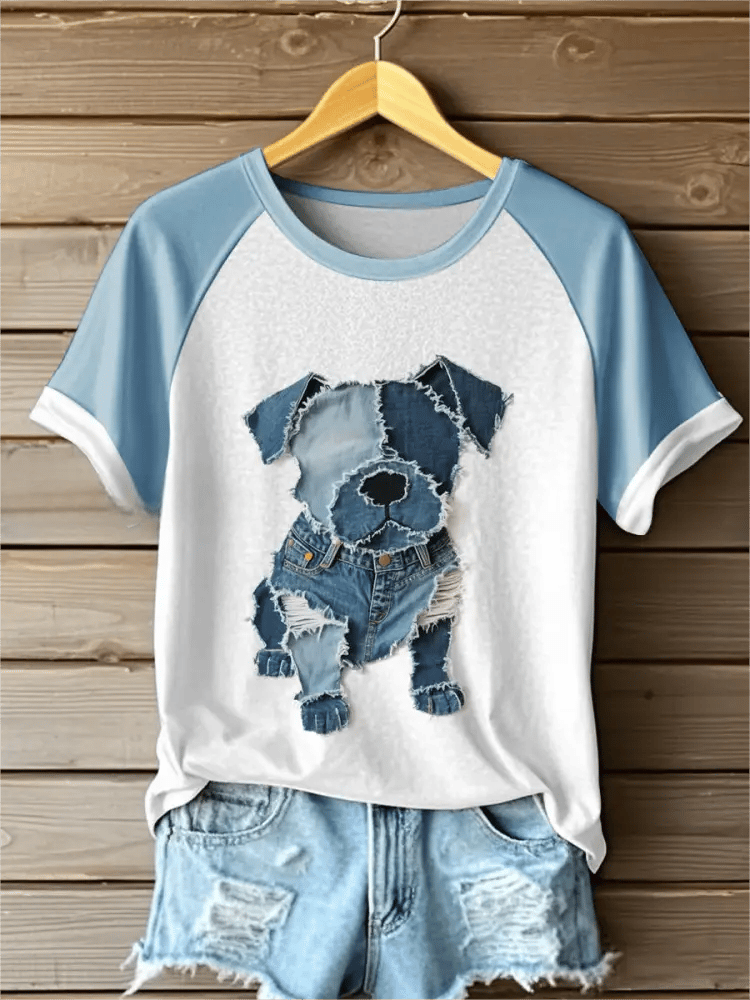 Women's Retro Funny Animal Dog Print Short Sleeve Top