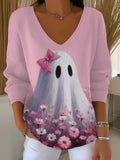 Women's Pink Witch Print Casual Striped Fabric Long Sleeve T-shirt