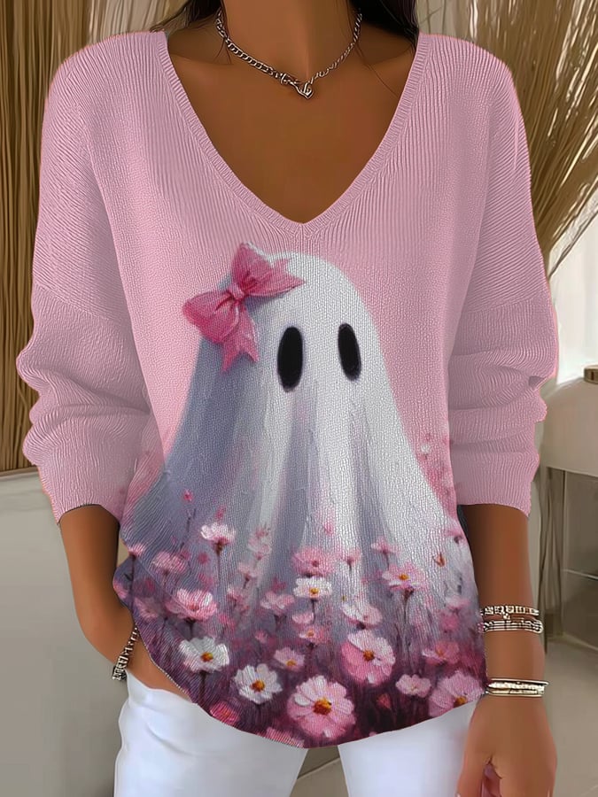 Women's Pink Witch Print Casual Striped Fabric Long Sleeve T-shirt