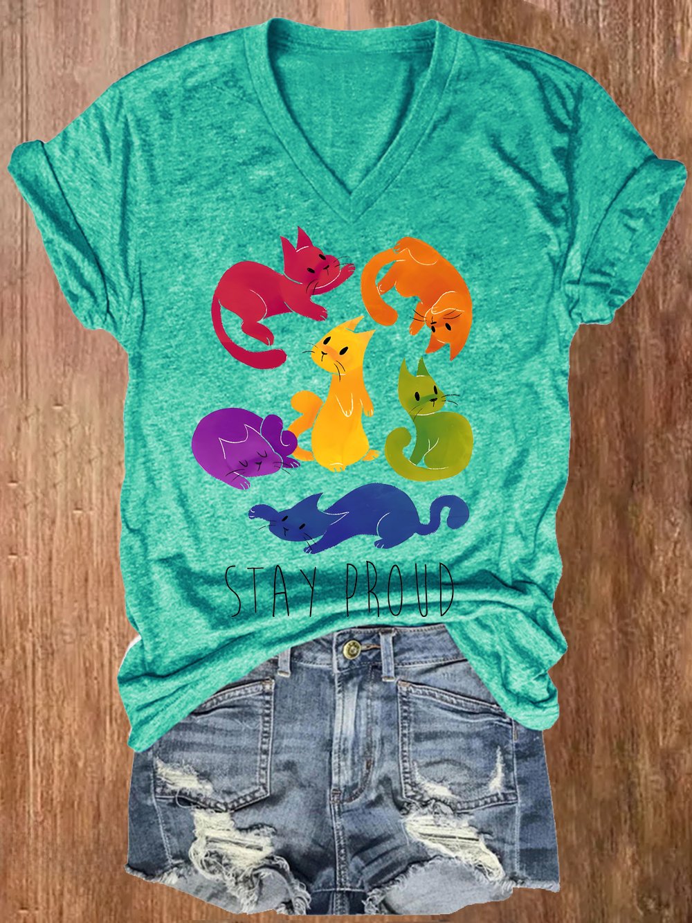 Women's Colorful Five Emotions Squirrel Print V-Neck T-Shirt Top