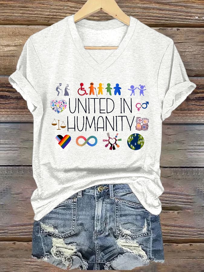 V-Neck Retro United In Humanity Diversity, Inclusion, Disability, Neurodiversity, Equality, Advocacy Print T-Shirt