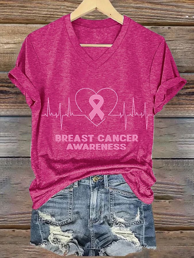 Women's Breast Cancer Awareness Print V-Neck T-Shirt