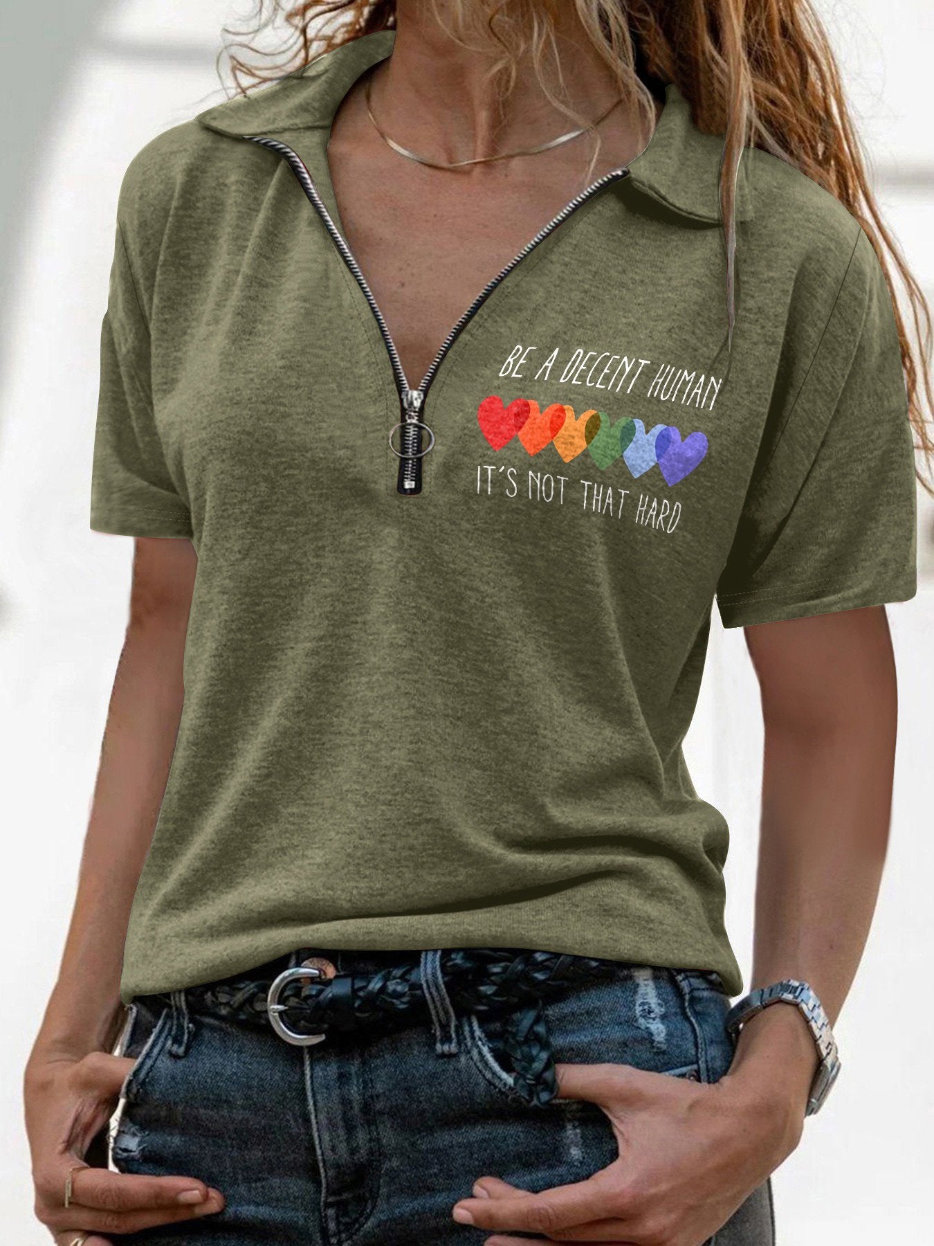 V-Neck Retro Be A Decent Human It's Not That Hard Zip-Up Print Polo Shirt