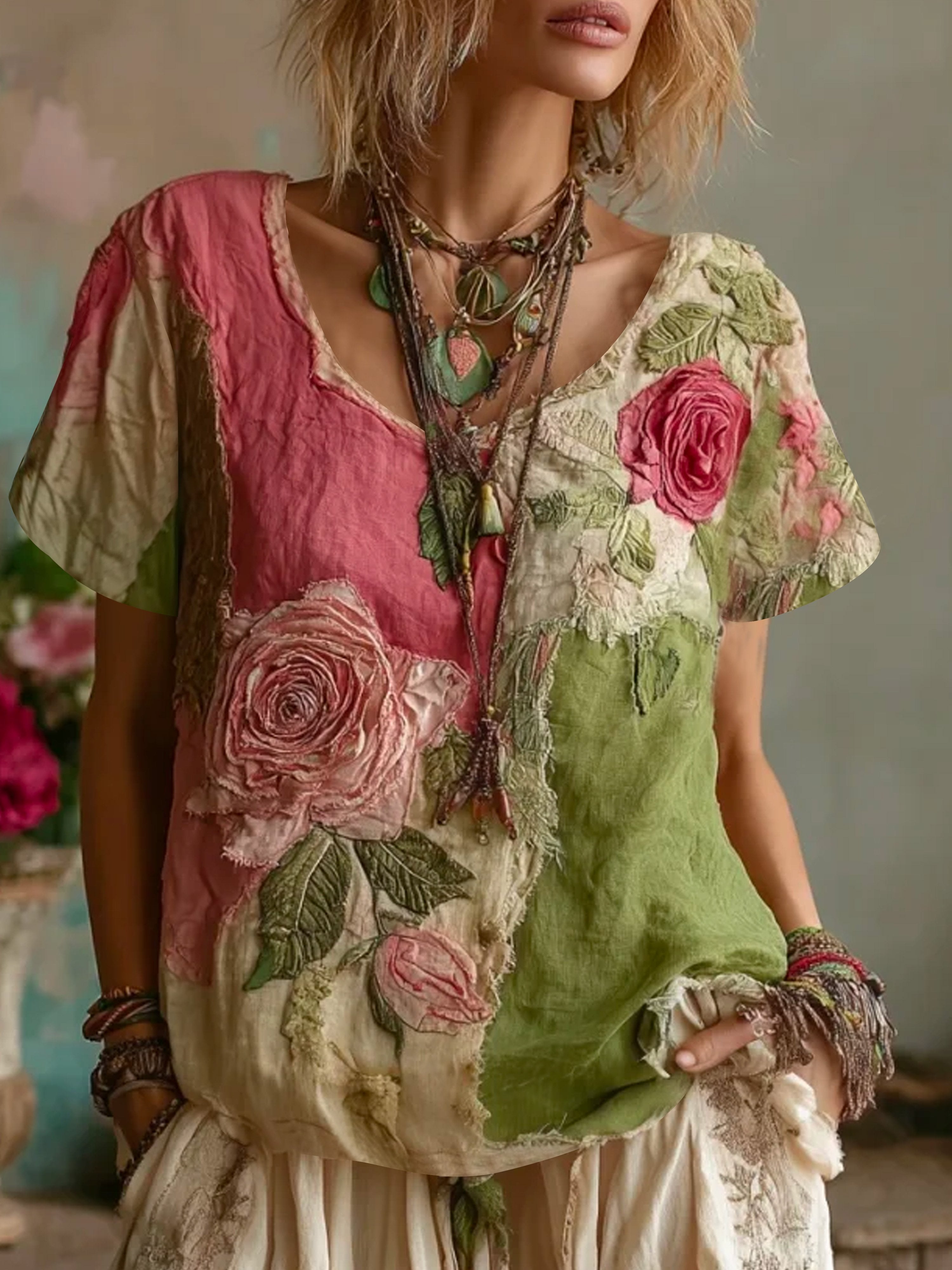 Ladies Summer Washed Wrinkled Romantic Rose Imitation Embroidery Pleated Printed Casual Tops