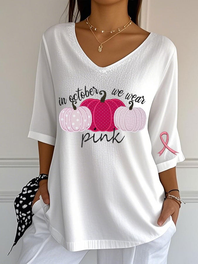 Women's Breast Cancer Print Casual V-Neck Top