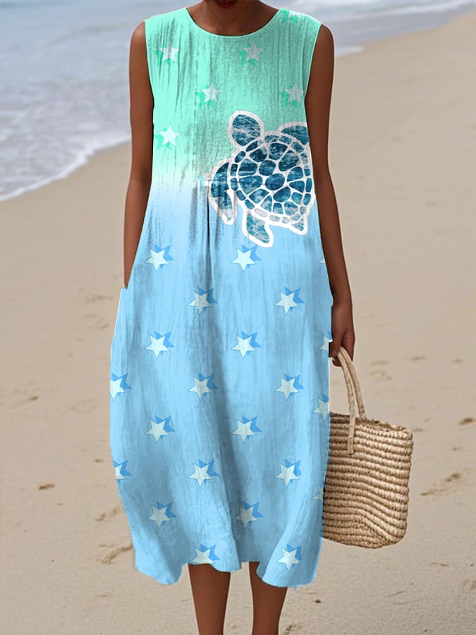 Women's Casual Cotton And Linen Marine Animal Dress