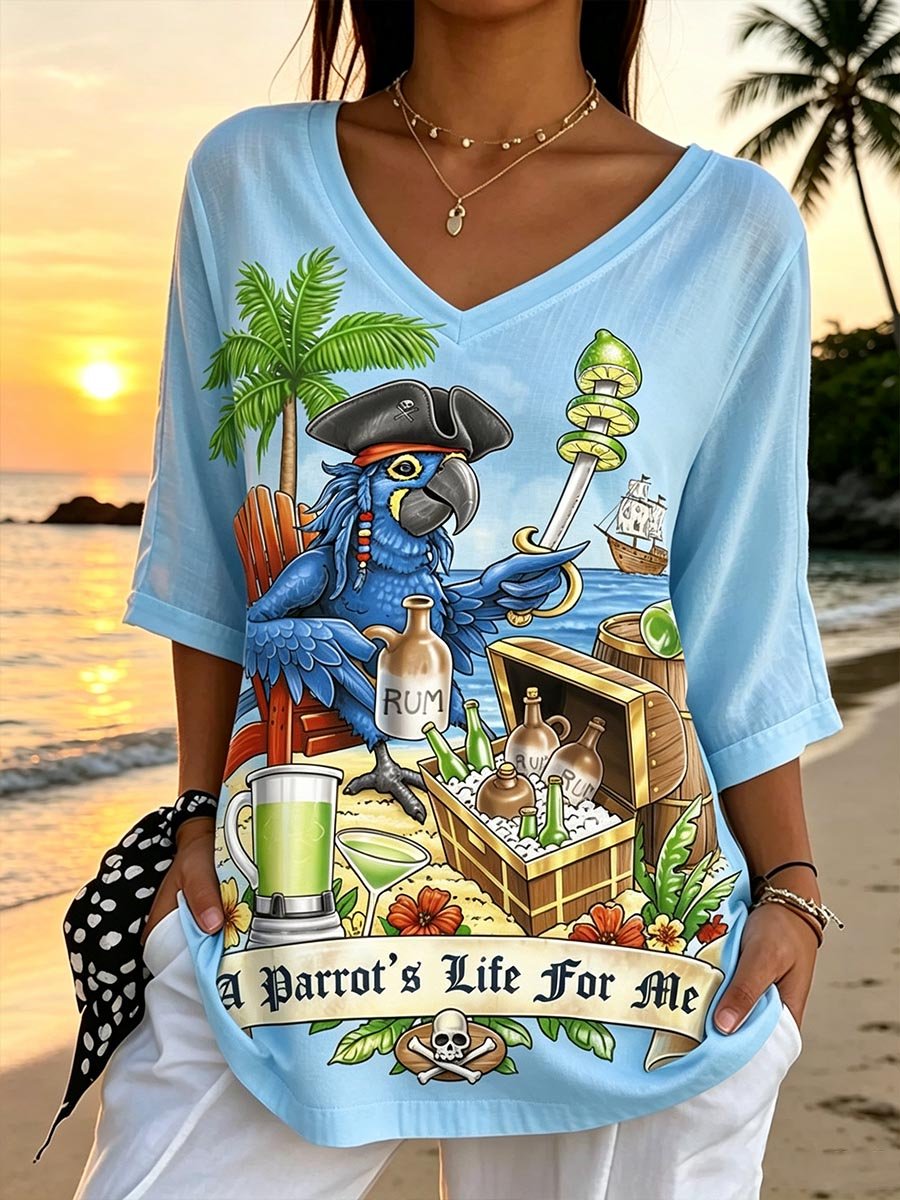 Women's Retro Vacation Hawaiian Print Mid Sleeve T-Shirt