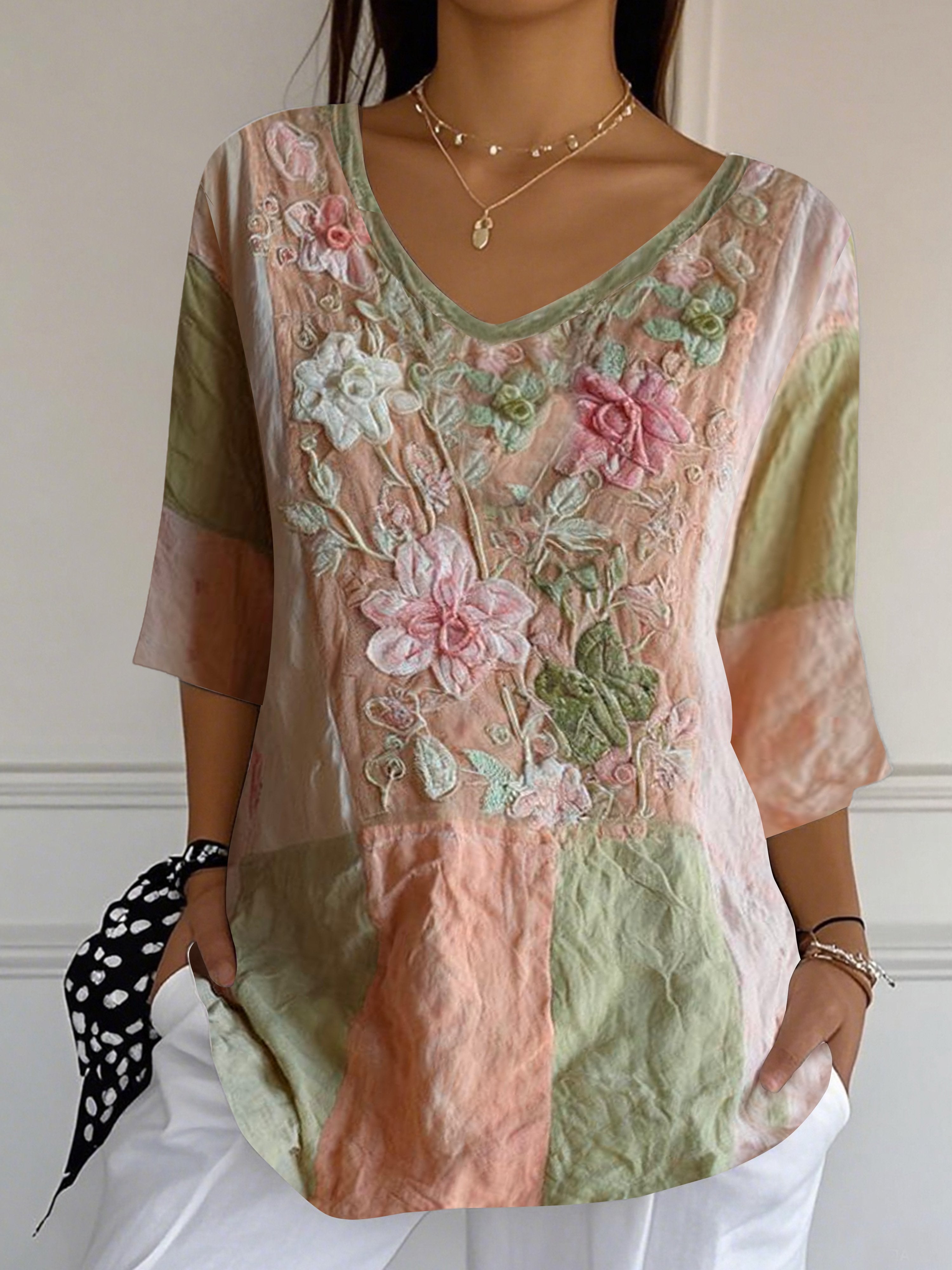 Women's Summer Casual Top With Elegant Floral Embroidery Print