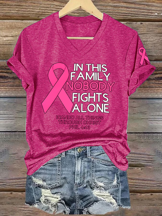 Women's Retro In This Family Nobody Fights Alone Breast Cancer Awareness Print T-Shirt