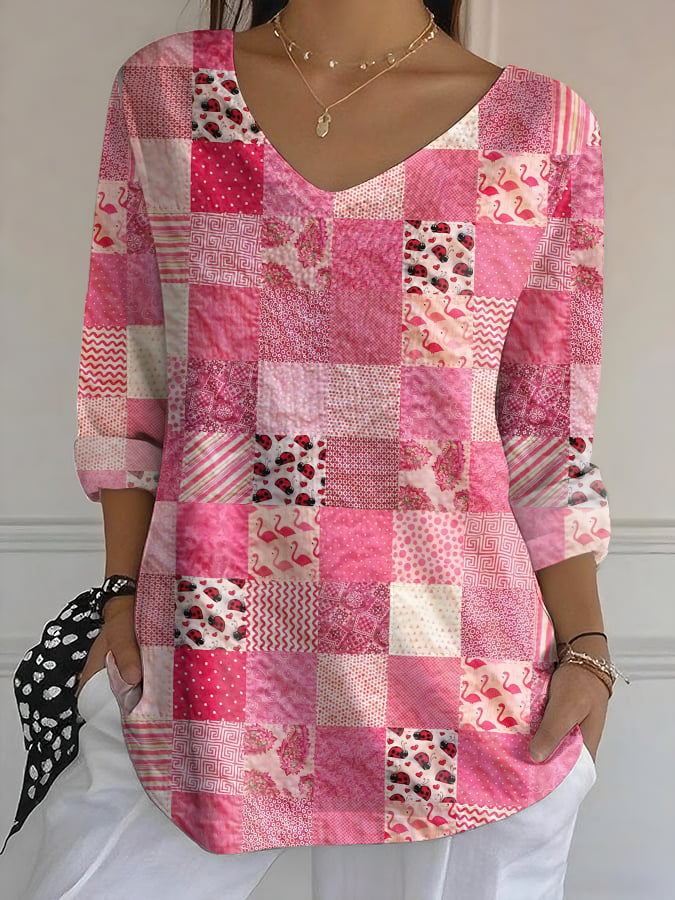 Women's Casual Pink Patch Bubble Wrinkle Top
