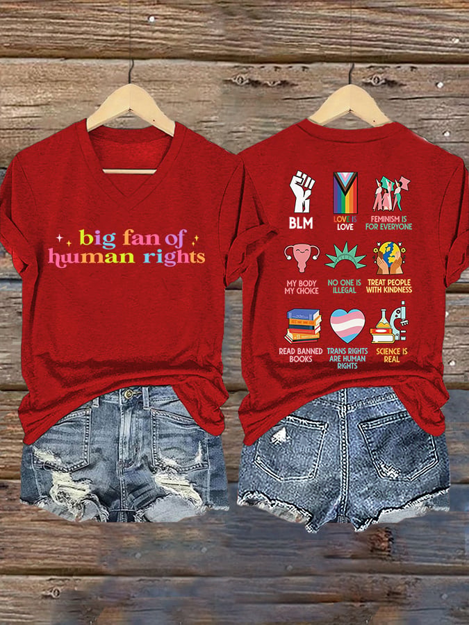 V-Neck Retro Big Fan Of Human Rights Print T-Shirt