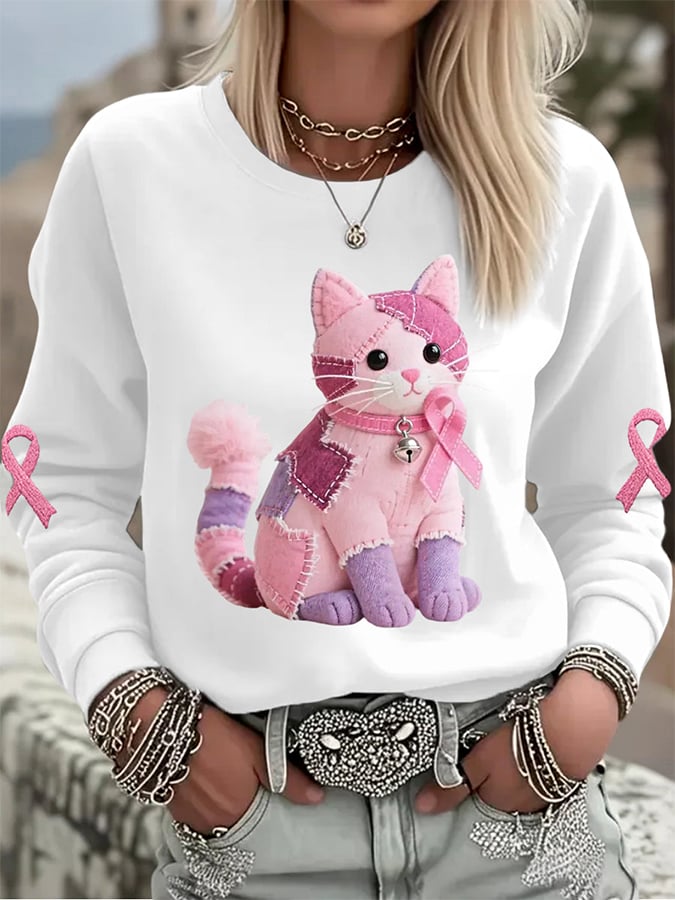 Women's Pink Cat Pink Ribbon Breast Cancer Awareness Support Print Sweatshirt