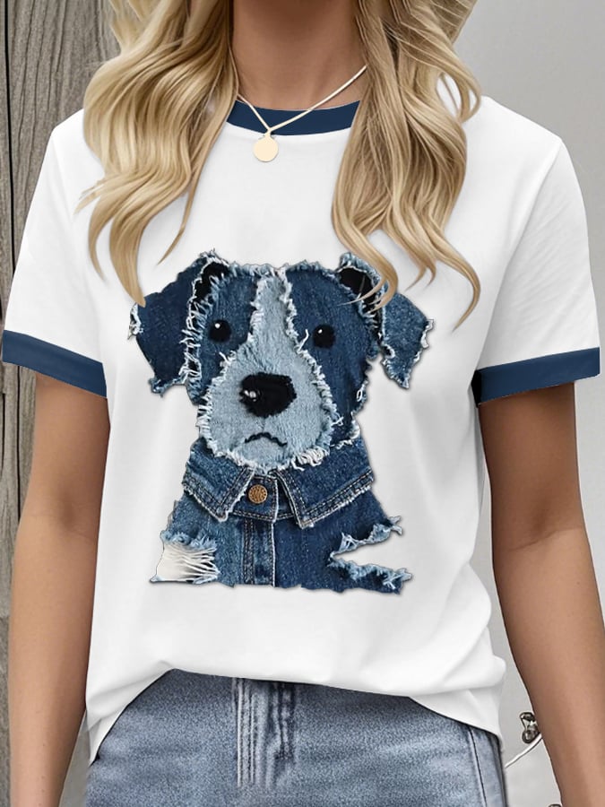 Women's Retro Funny Animal Dog Print Crew Neck T-Shirt