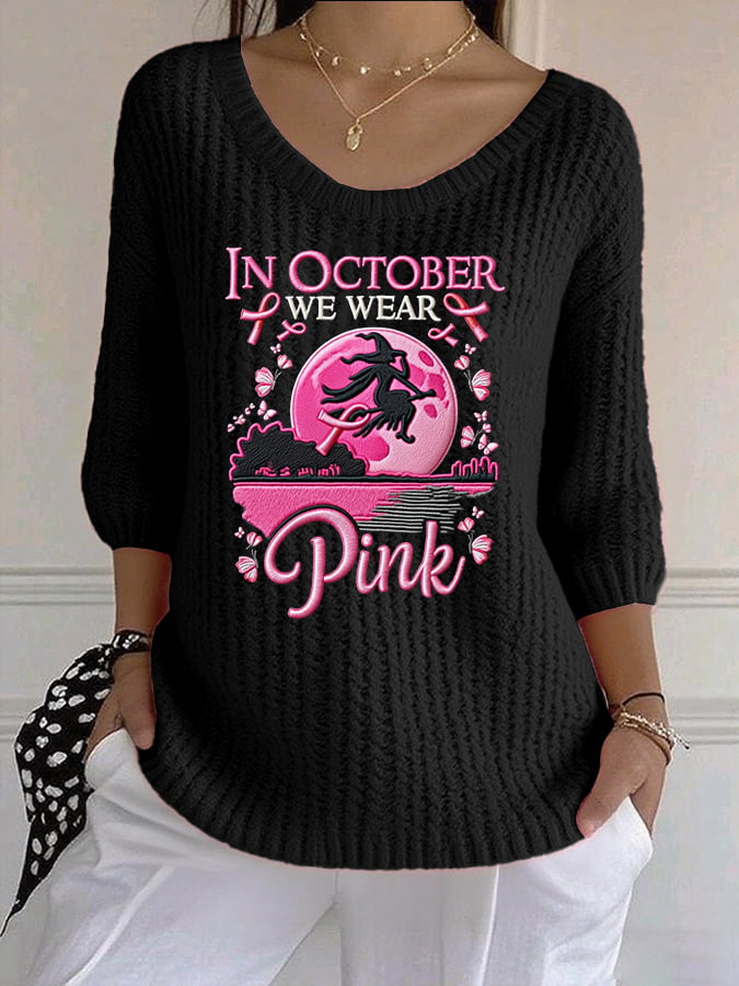 Women's casual retro pink October we wear pink witch sweater